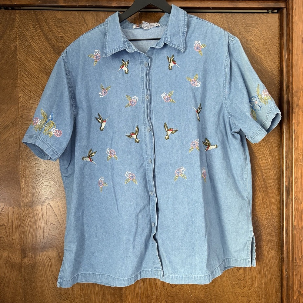 VTG 90s 2X Hummingbird Floral Embroidered Short Sleeve Denim Shirt Button Cottag